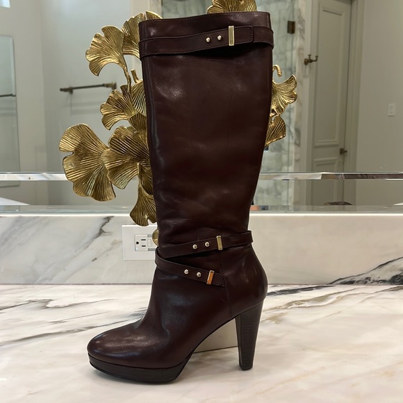 Cole Haan Nike Air Knee High Boots. SZ 7. Dark Brown. 4 in heels. Brass detail. - Picture 2 of 15